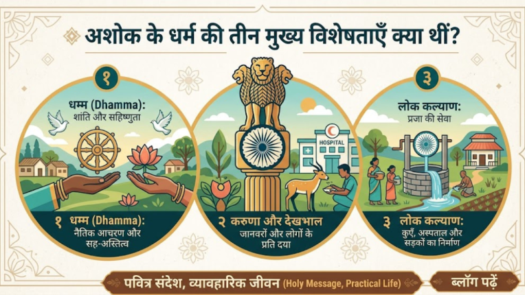 अशोक के धर्म की तीन मुख्य विशेषताएँ क्या थीं? / The three main characteristics of Ashoka's Dhamma?